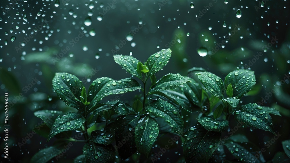 Fototapeta premium Green plant with water droplets, rain, and moisture on leaves. Nature, growth, and freshness concept. The image of thriving flora in wet weather.