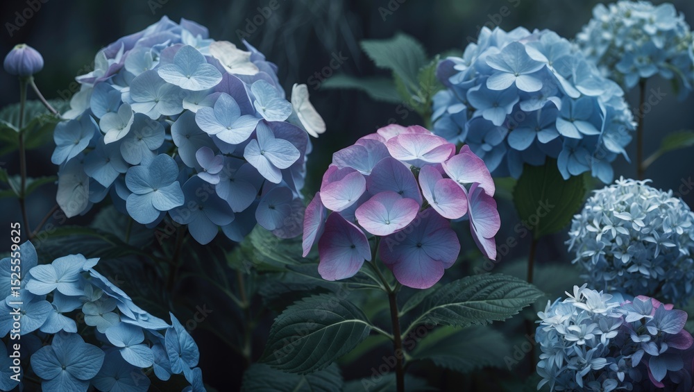 A collection of blue and pink hydrangea flowers in full bloom, surrounded by lush green leaves. A collection of blue and pink hydrangea flowers in full bloom, surrounded by lush green leaves.