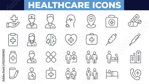 Healthcare set of web icons in line style. Medicine and Health Care linear icon collection. Containing emergency, doctor, treatment, medical, report, diagnosis, health, prevention. Editable stroke