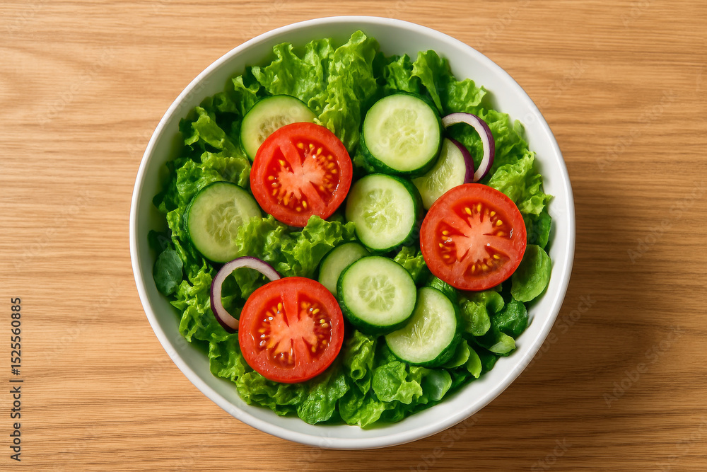 Fresh and vibrant salad bowl featuring tomatoes, cucumbers, and lettuce on a wooden table. Fresh and vibrant salad bowl featuring tomatoes, cucumbers, and lettuce on a wooden table.