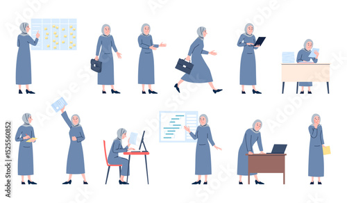 Arabic business woman. Saudi female in hijab in different office situations. Muslim character work on computer, with documents, recent vector set