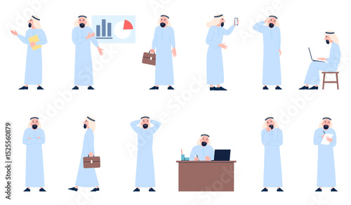 Saudi businessman. Arab man in traditional costume in different business situations. Muslim character office worker, employee work recent vector set