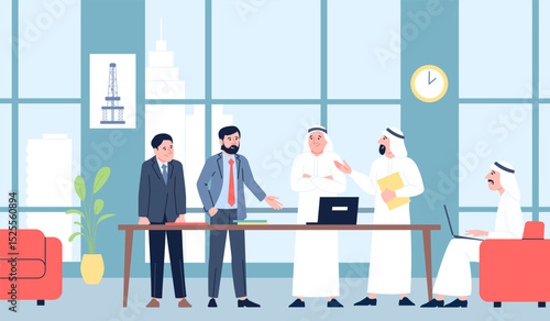 Arab male business meeting. Businessmen negotiation in office, muslim characters with partners. Saudi people in traditional costume, recent vector scene