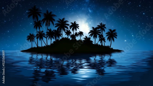 Silhouette of a small island with palm trees under moonlight and star-filled night sky reflecting on the water
