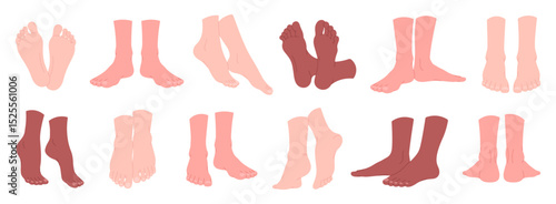 Human foot positions. Naked female male feet different poses. Bare legs with healhty skin and nails. Leg care, people body anatomy elements, racy vector set