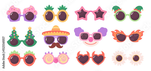 Party eyeglasses. Cartoon cute glasses with christmas tree, daisy, sombrero, cupcakes, clown face. Carnival festival spectacles, eyewear racy vector clipart