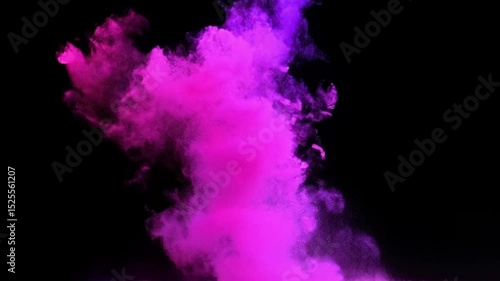  4K CG simulation of pink and purple color powder colliding in mid-air and exploding on a black background in extreme slow motion, with transparent alpha matte for VFX use..