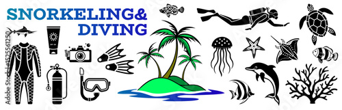 Diving and snorkeling icons set with sport gear and marine habitats