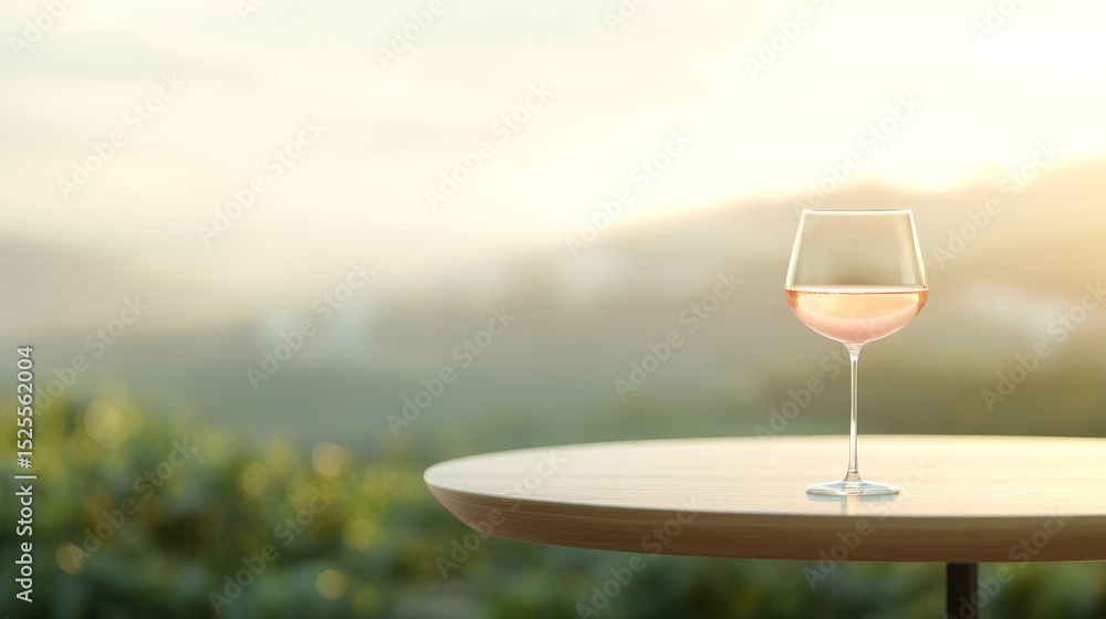 Obraz premium Glass of Rosé Wine on Table at Sunset with Vineyard View 