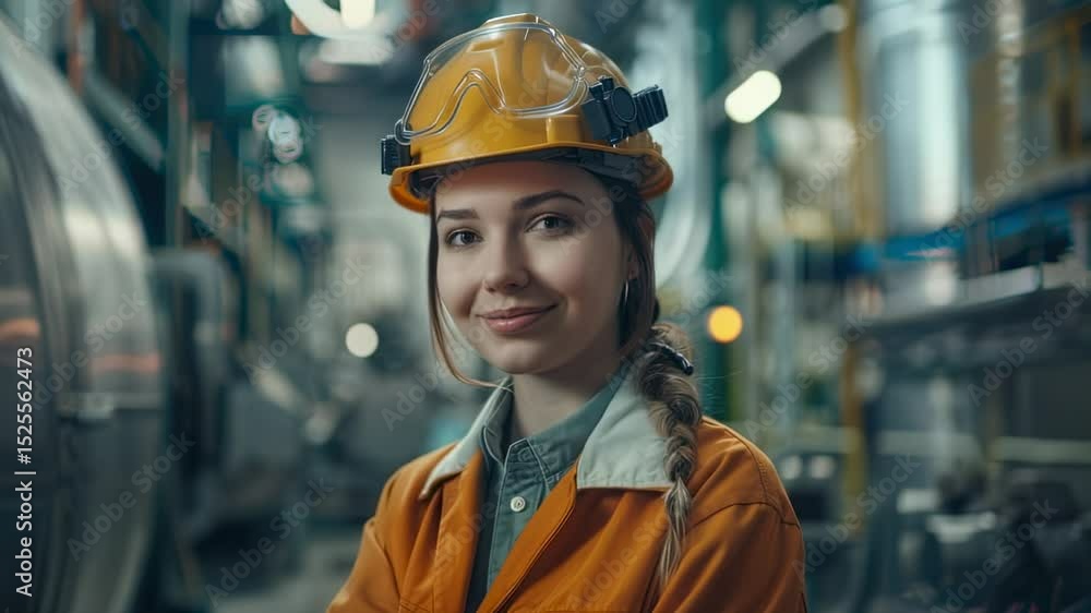 Portrait of a smiling female engineer in a factory setting wearing a hard hat and orange jumpsuit Portrait of a smiling female engineer in a factory setting wearing a hard hat and orange jumpsuit