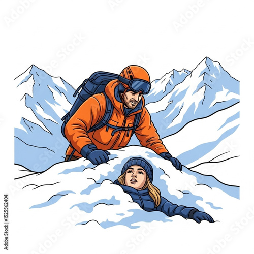 Winter Rescuer Saving Woman After Avalanche in Mountain Wilderness Vector Illustration