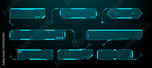 Set of blue hud frames for game interface. Futuristic vector digital elements and boxes. Sci-fi display concept design. Vector graphics.
