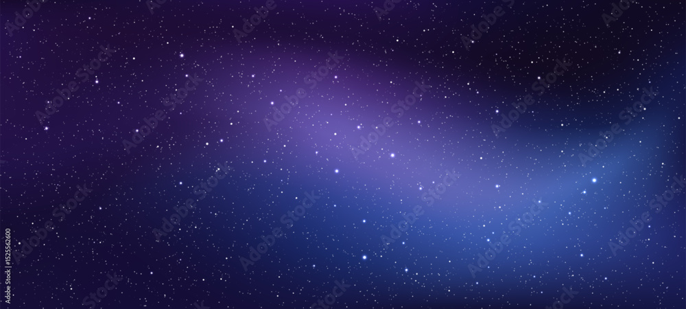 Fototapeta premium Dark night sky with twinkling stars and vibrant galaxy. Purple and blue light nebula as cosmic universe background. Vector graphics.