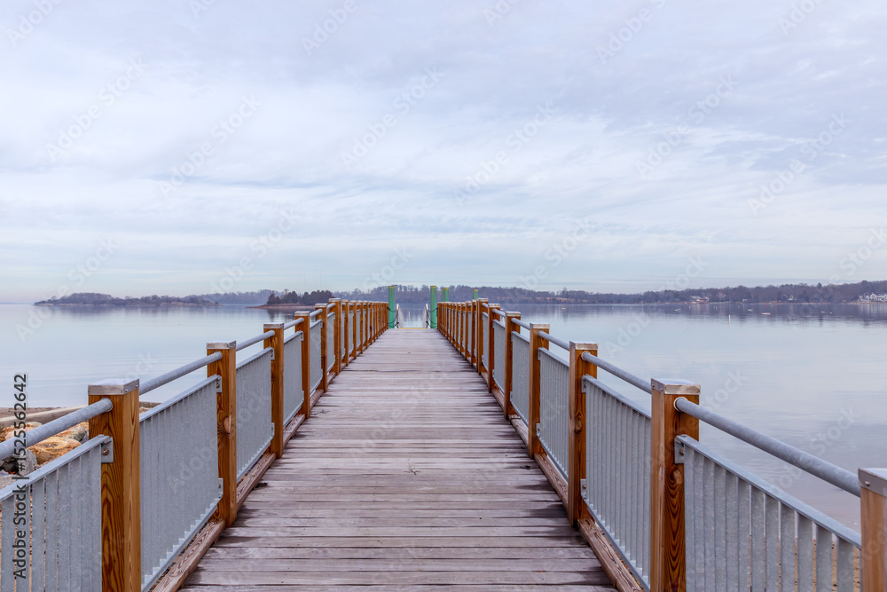 Fototapeta premium pier leading out to ocean with horizon on cloudy day