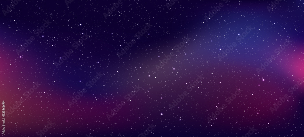 Obraz premium Dark blue night sky with shining starfield and bright nebula. Cosmic deep space landscape for science and astronomy backdrop. Vector graphics.