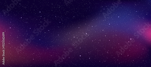 Dark blue night sky with shining starfield and bright nebula. Cosmic deep space landscape for science and astronomy backdrop. Vector graphics.