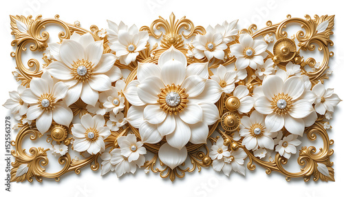 Luxury background with white flowers, gold swirls, and jeweled bird.
