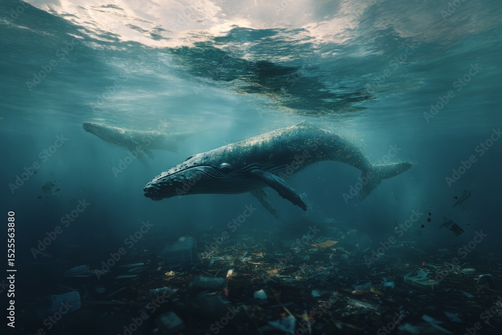 Fototapeta premium Whales Navigating Through an Ocean Polluted with Plastic Waste Beneath Sunlit Waters Illustrating the Urgent Threat of Human Impact on Marine Life and Ocean Ecosystems