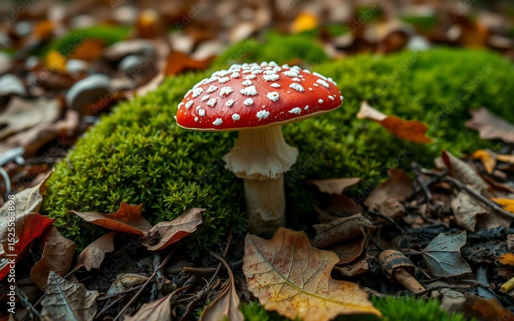 Red mushroom with white spots on forest floor, surrounded by moss and leaves, DSLR clarity, no branding, ideal for fantasy, forest or educational visuals. Red mushroom with white spots on forest floor, surrounded by moss and leaves, DSLR clarity, no branding, ideal for fantasy, forest or educational visuals.