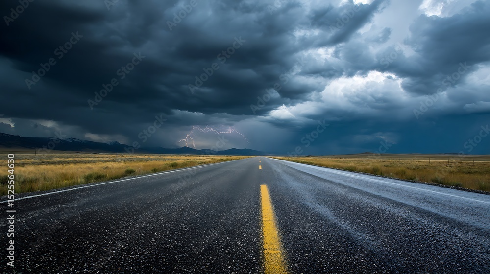 Fototapeta premium dramatic road disappearing into a stormy horizon dark clouds gather as the road stretches into the distance lightning in the distance hints at an approaching storm .