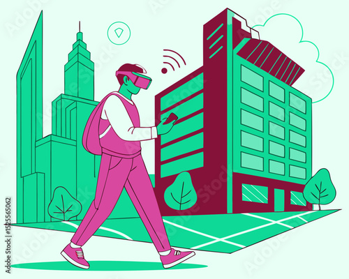 Person wearing virtual reality headset is walking through a modern urban environment with skyscrapers and greenery, showcasing technology and innovation in city life