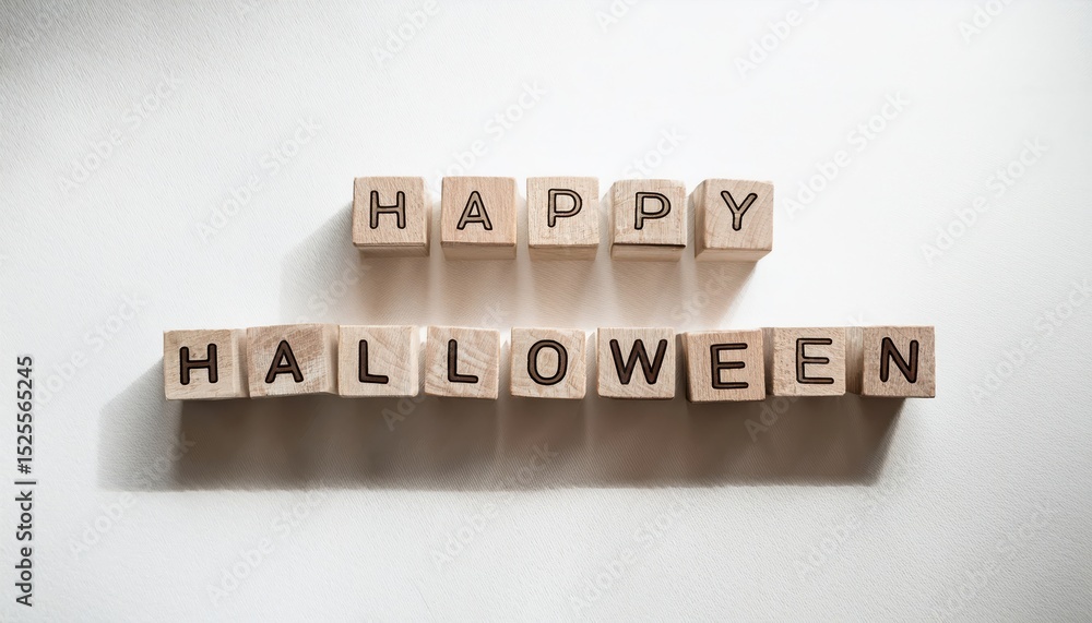Obraz premium wooden blocks spelling happy halloween on white textured fabric with soft shadows, ideal for seasonal banner, greeting card, minimalist branding, or blog design