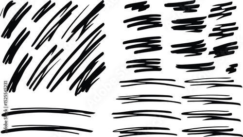 Collection of hand drawn black marker strokes and lines on a white background for design elements