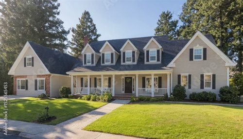 Spacious two-story house with a wraparound porch, situated on a well-maintained lawn.