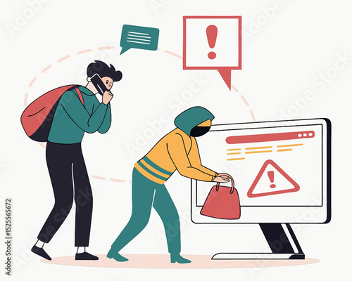 Phone scam, fraud or stealing money crime, cyber online safety hacking, thief with fake phone call or chat, illegal dishonesty concept, thief stealing money from mask talking on scam phone call.