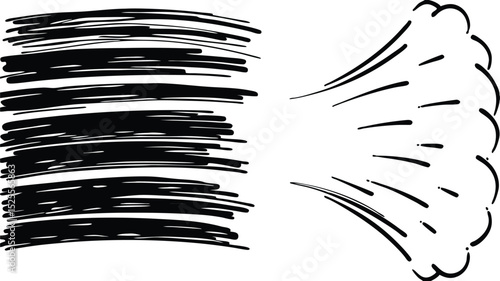 Black lines arranged horizontally and a burst of lines emanating from a central point design