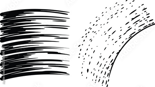 Black and white image featuring a collection of horizontal lines and scattered dashes on a white background