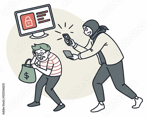 Phone scam, fraud or stealing money crime, cyber online safety hacking, thief with fake phone call or chat, illegal dishonesty concept, thief stealing money from mask talking on scam phone call.