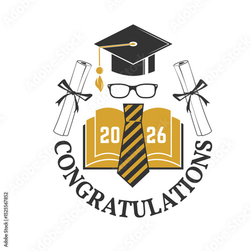 Vector Class of 2026 badge. Concept for shirt, print, seal, overlay or stamp, greeting, invitation card. Typography design- stock vector. Graduation design with cap, tie, diploma, glasses and book