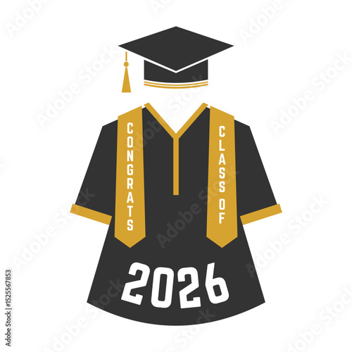 Vector Class of 2026 badge. Concept for shirt, print, seal, overlay or stamp, greeting, invitation card. Typography design- stock vector. Graduation design with graduation Cap and congrats gown