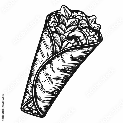 Delicious falafel wrap with chickpeas and fresh vegetables. Falafel wrap is perfect for quick lunch or healthy snack. Tasty falafel wrap is ideal for restaurant menu design or food blog.
