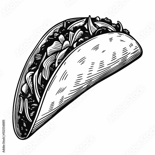 Delicious taco with seasoned beef and crunchy cabbage. Tasty taco filling includes onions, meat, and fresh cabbage.  This delicious taco image is perfect for restaurant menus and food blogs.