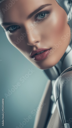 This close-up portrait showcases a female-like robot with realistic skin on her face and head, created by ai