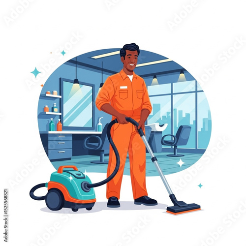 Carwash service worker cartoon character using vacuum cleaner in office, vector illustration