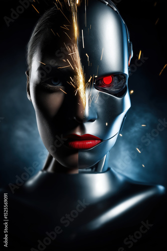 This close-up portrait showcases a female-like robot with realistic skin on her face and head, created by ai