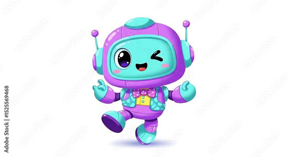 Friendly cartoon robot character in a colorful children's style, isolated on white background, with playful poses. Friendly cartoon robot character in a colorful children's style, isolated on white background, with playful poses.