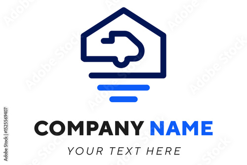 Dynamic logo showing a house with a moving truck silhouette, perfect for relocation services or moving companies. All outlines are fully editable and scalable.