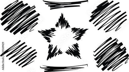 Scribbled star surrounded by hatched squares and lines on a white background in black ink style