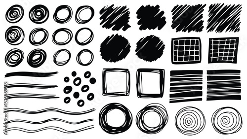Collection of hand drawn doodle elements including circles squares and lines for graphic design use