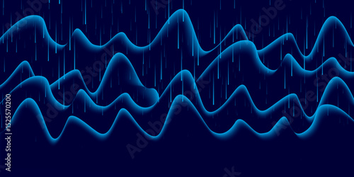 Blue Neon Wave Lines with Rain Effect – Abstract Futuristic Data Flow. 