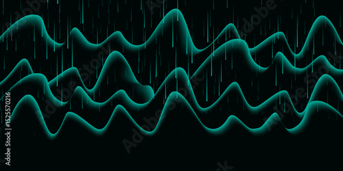 Green Neon Wave Lines with Rain Effect – Abstract Futuristic Data Flow. 