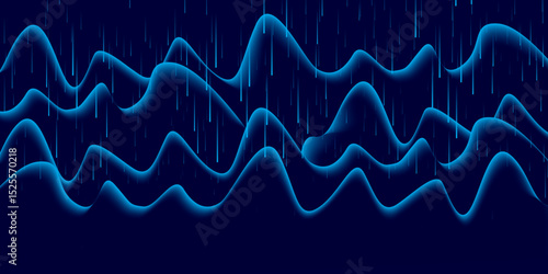 Blue Neon Wave Lines with Rain Effect – Abstract Futuristic Data Flow. 