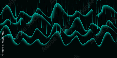 Green Neon Wave Lines with Rain Effect – Abstract Futuristic Data Flow. 
