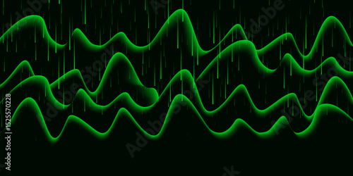 Green Neon Wave Lines with Rain Effect – Abstract Futuristic Data Flow. 