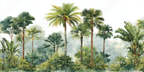 Wallpaper illustration painted in watercolour. Picturesque tropical setting with palm trees, tropical vegetation. For texture background photo wallpaper or banner.