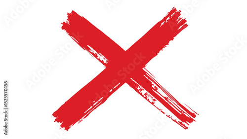 Red cross mark painted with brush strokes on a white background symbolizing rejection or cancellation mark 100